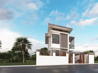 Architect’s perspective of a two-storey modern house with slatted fence